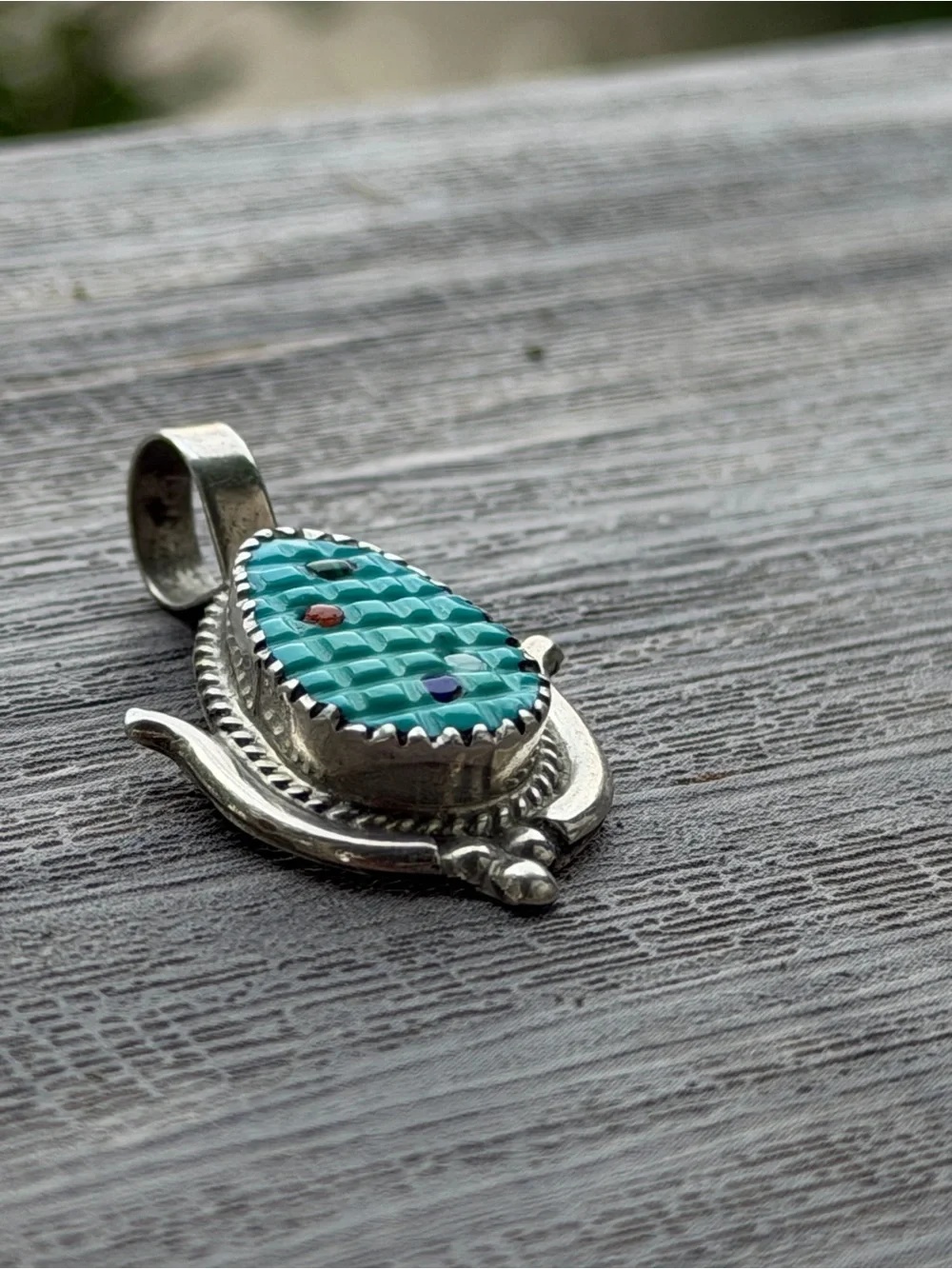 Native American Zuni Handmade Turquoise Corn Multi-Stone Teardrop Pendant Inlay